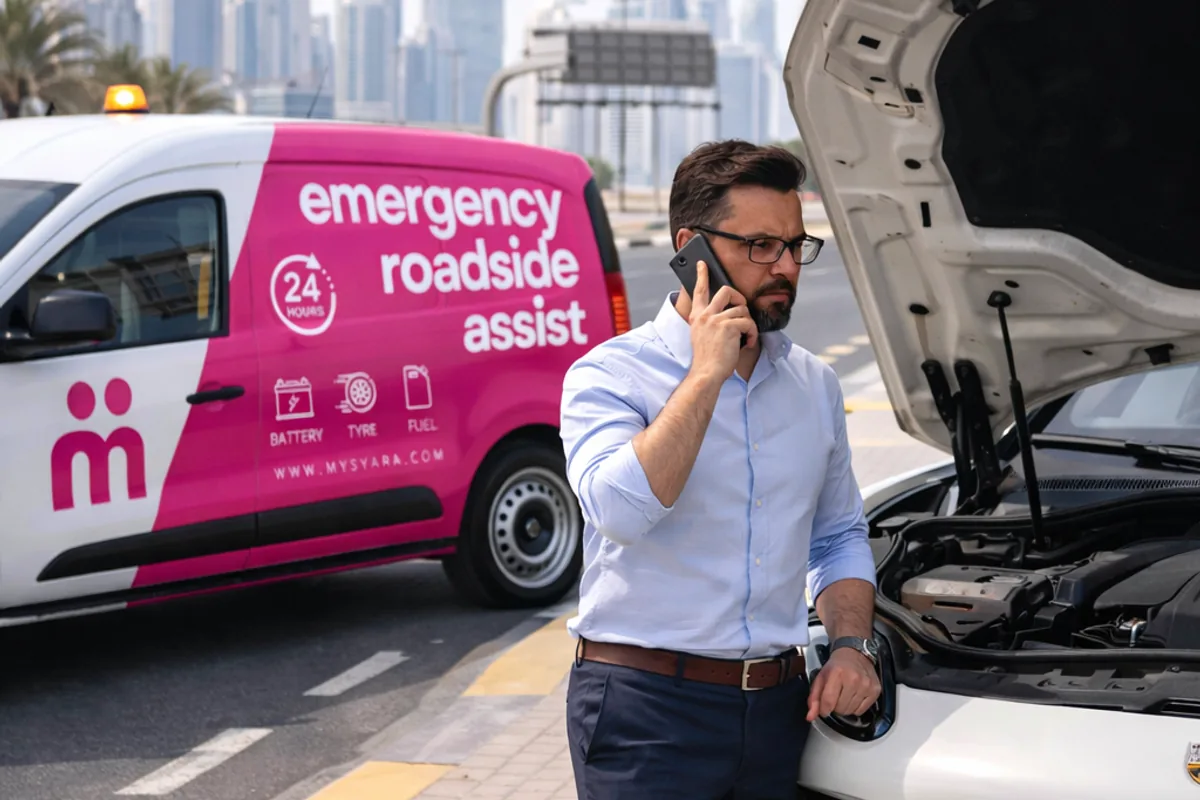 Man calling for roadside assistance next to a broken-down car with a MySyara emergency roadside van and the Burj Khalifa in the background