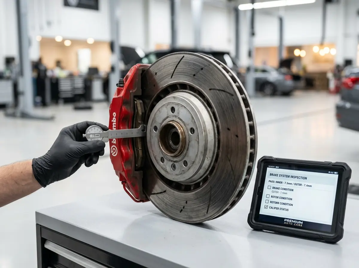 Technician measuring brake disc thickness at a UAE workshop with Brembo caliper and diagnostic tablet