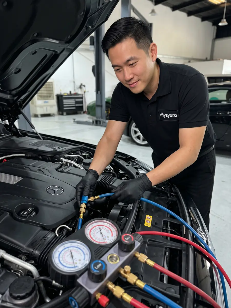 MySyara technician recharging a car AC system with manifold gauges at a UAE workshop