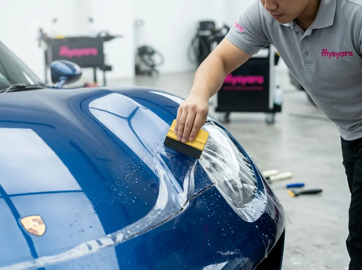 MySyara technician applying paint protection film to a Porsche bonnet at a UAE workshop
