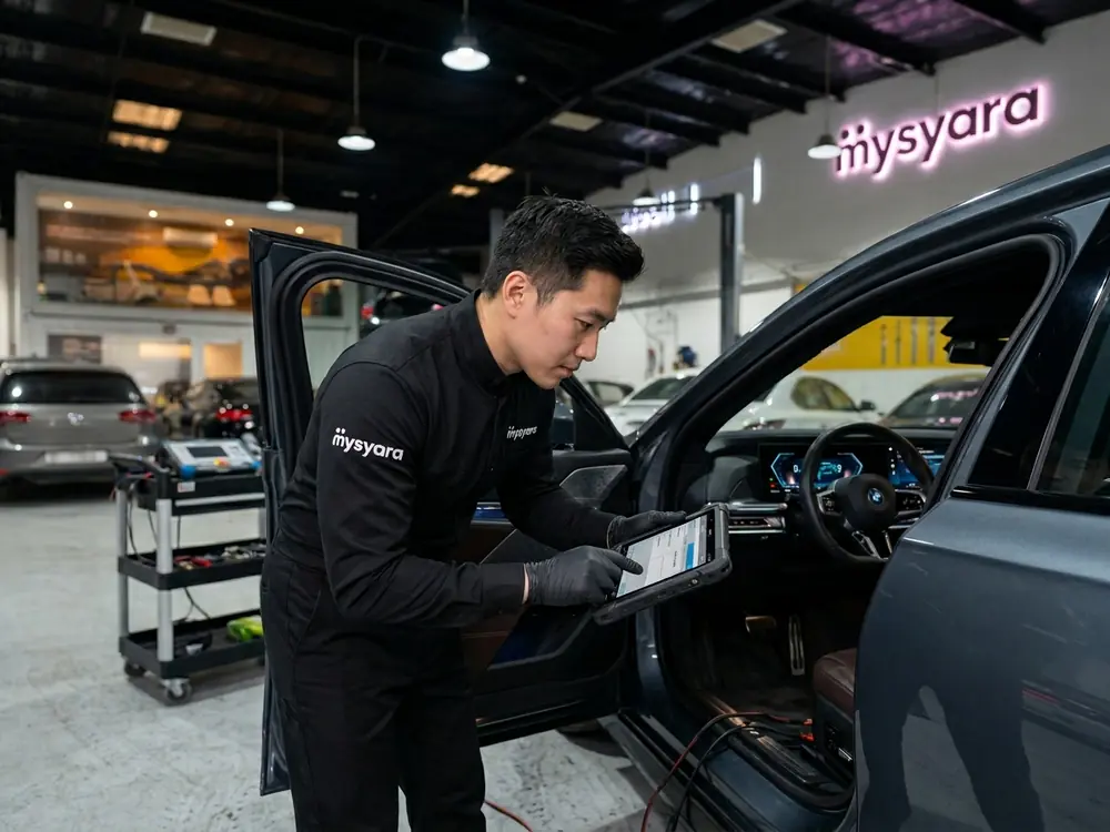 MySyara technician running a diagnostic check on a car at a UAE workshop