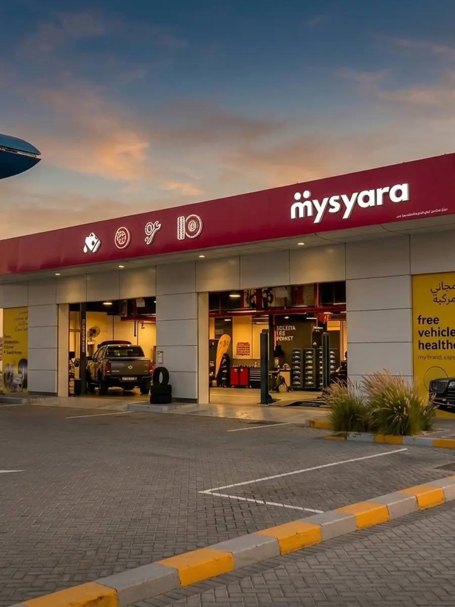 MySyara service centre at an ADNOC station in the UAE at sunset