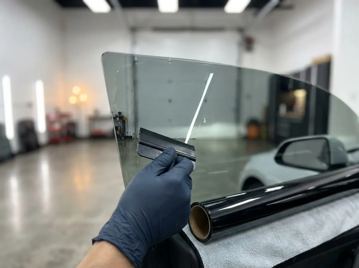 Technician applying window tint film to a car window at a UAE workshop