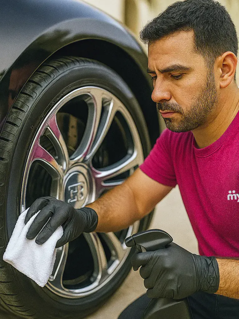 MySyara technician cleaning a car wheel at the doorstep in Abu Dhabi