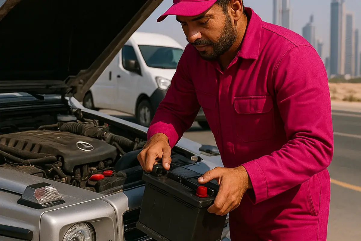 MySyara mechanic replacing a car battery at a villa driveway in Dubai