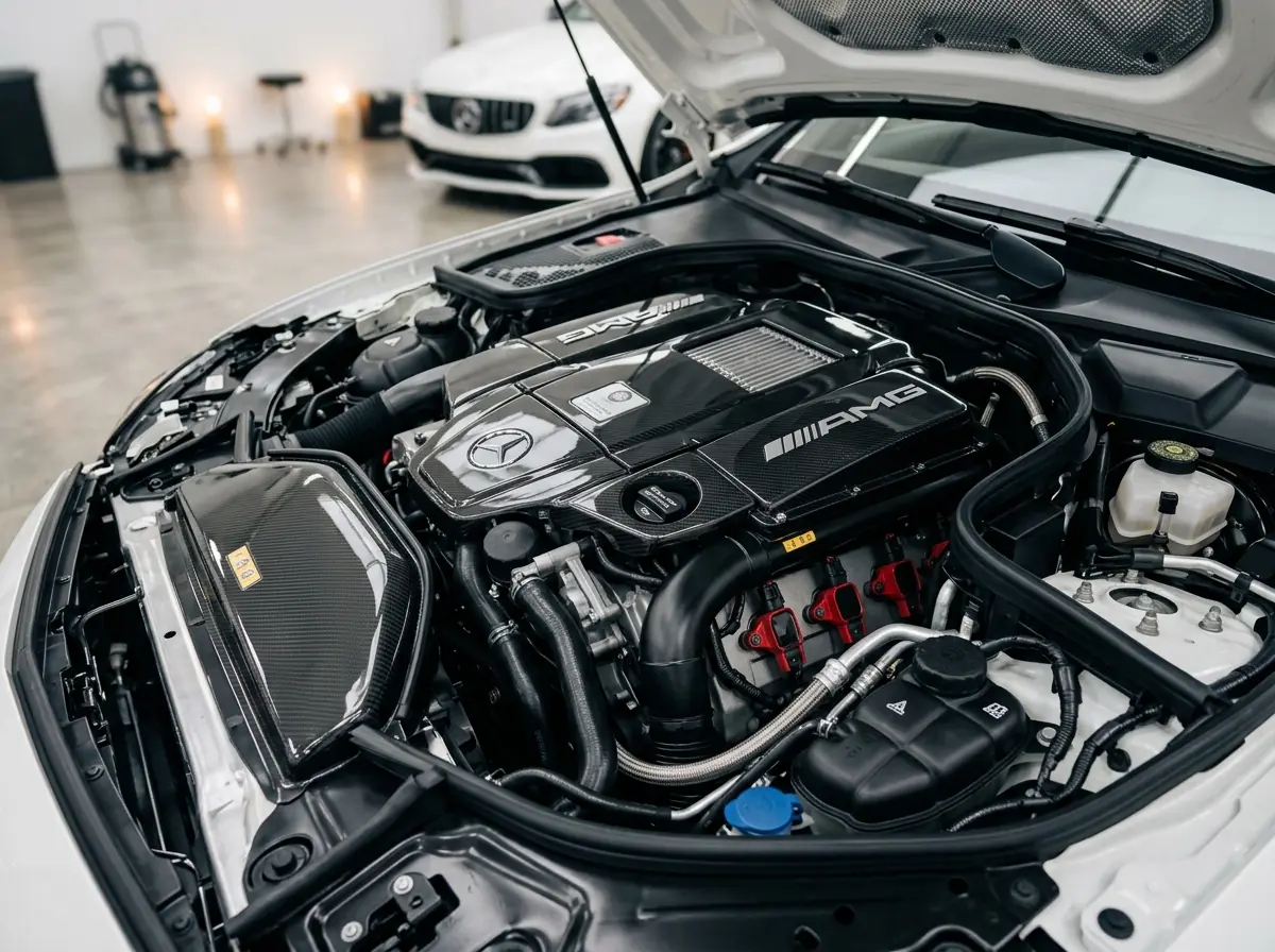 Mercedes-AMG engine bay open at a UAE workshop, star and AMG badge visible