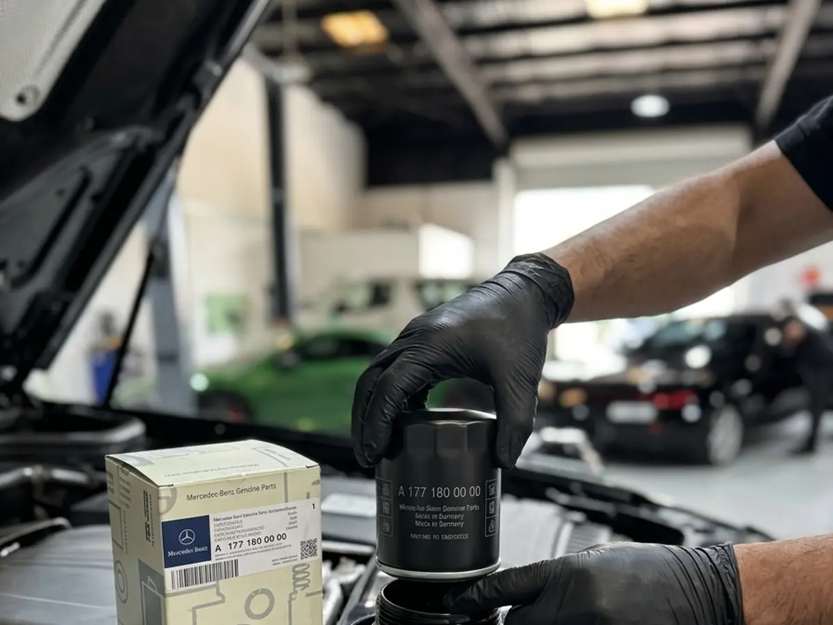 Technician fitting a genuine Mercedes-Benz oil filter into a Mercedes engine bay