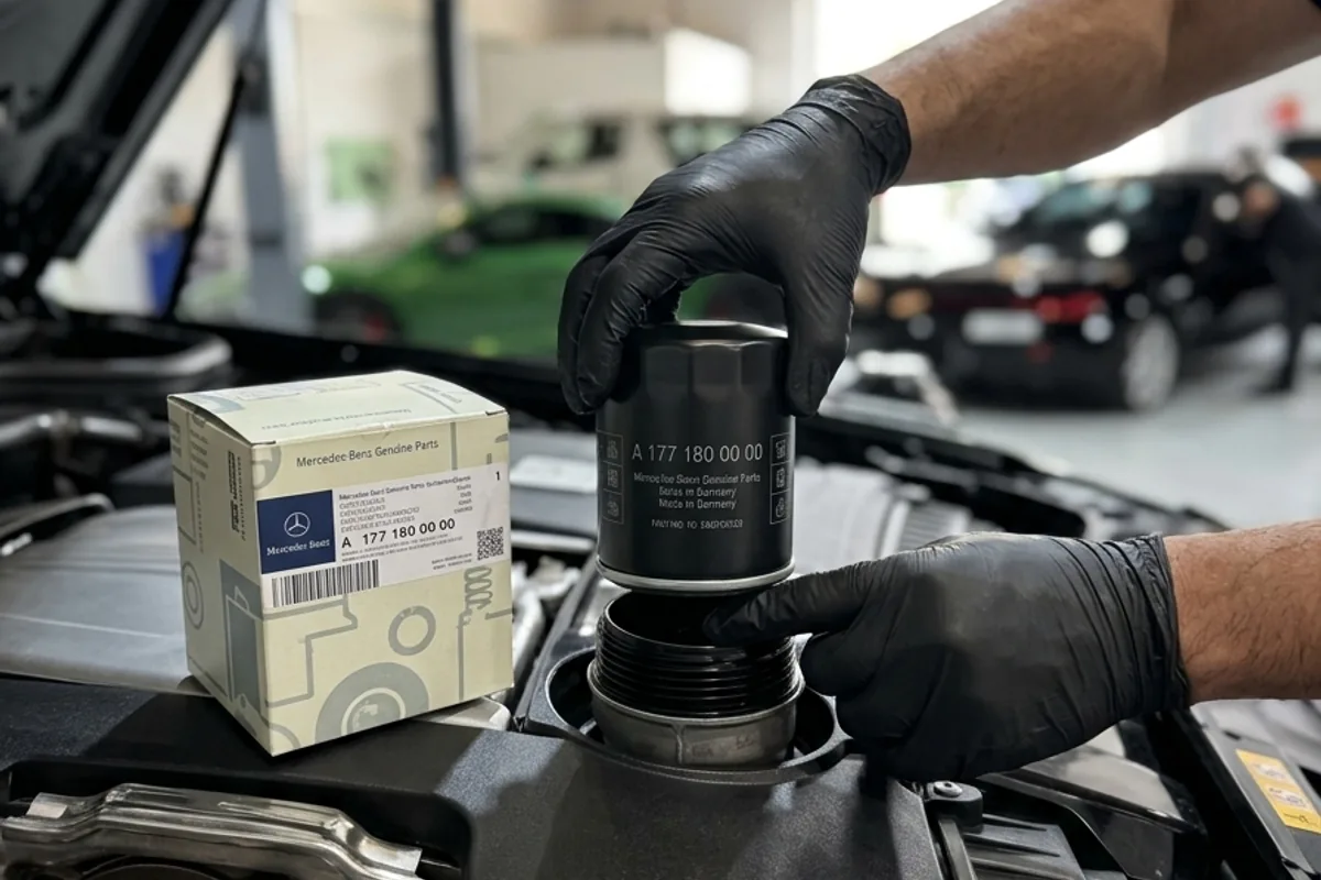 Mechanic installing a genuine Mercedes-Benz oil filter at a MySyara Dubai workshop