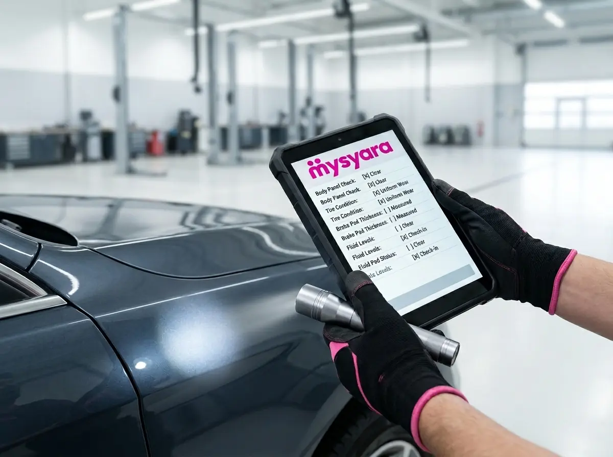 MySyara technician holding inspection checklist tablet beside a car at a UAE workshop
